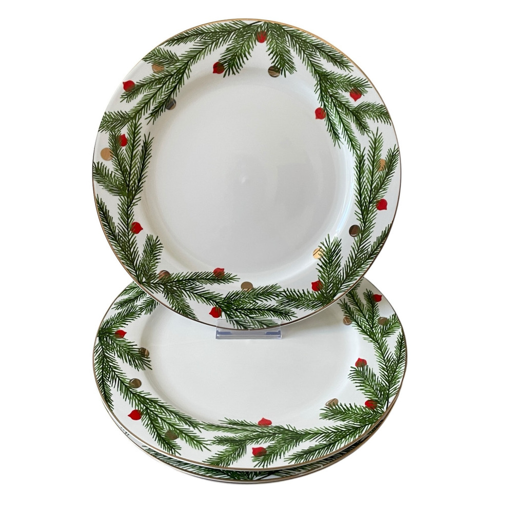 NEIMAN MARCUS Christmas Pine Dinner Plates 12.6in Green & White 4pc Boxed Set